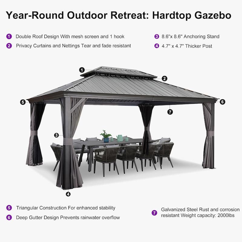 PURPLE LEAF Outdoor Galvanized Steel Hardtop Gazebo, Aluminum Frame Gazebo With Curtains