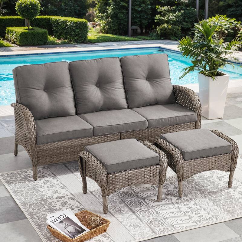 Pocassy Patio Outdoor Sofa Swivel Chairs with Ottman Table Set - Gray Wicker Gray Cushion - 3-Piece 3-Seat Sofa with Ottoman