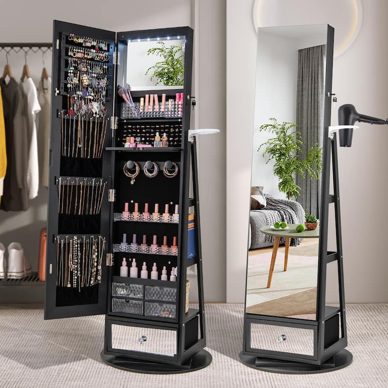 Gymax Swivel Jewelry Cabinet w/ Mirror Jewelry Storage Organizer