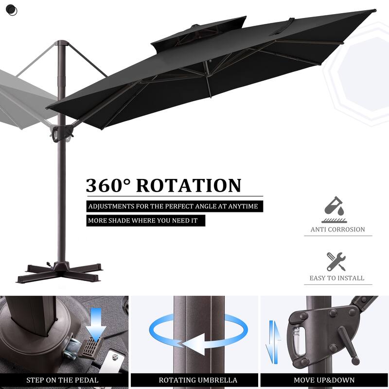 Pellebant 11X11FT Outdoor Patio Cantilever Offset 360 Degree Rotation Umbrella with Base Stand