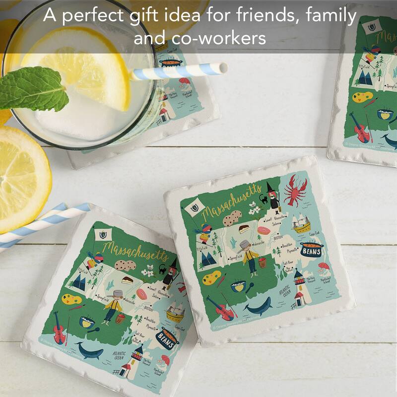 Massachusetts Home 4-Pack Absorbent Stone Coasters with Protective Cork Backing 4" Square Made in The USA Easily Wipes Clean