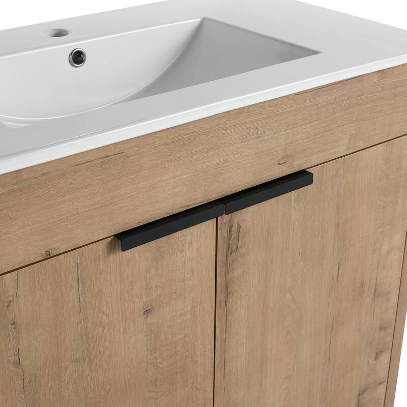 Bathroom Vanity with Ceramic Vessel Sink, Adjustable Shelves, Metal Handles, Soft-Closing Door Hinges - 35.9in L Plywood