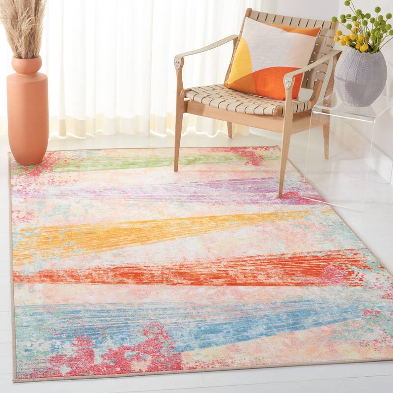 SAFAVIEH Paint Brush Machine Washable Slip Resistant Boushra Rug - 7'9" x 10' - Pink/Blue