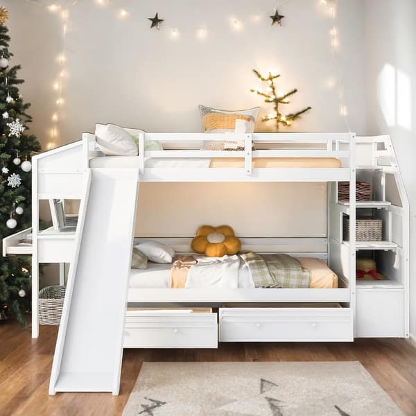 slide 2 of 17, Twin Over Twin Bunk Bed With Storage Staircase,Drawers,Desk White