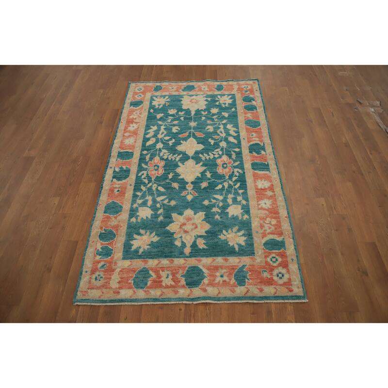 Hand Knotted Oriental 100% Wool Carpet Transitional All-Over Green Oushak Area Rug - 5' 3'' X 3' 2''