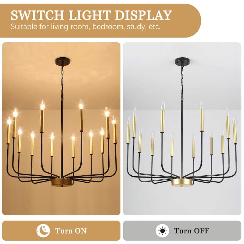 12-Light Rustic Candle Chandelier for Dining Room Living Room - W32.08" x H70.07" - N/A