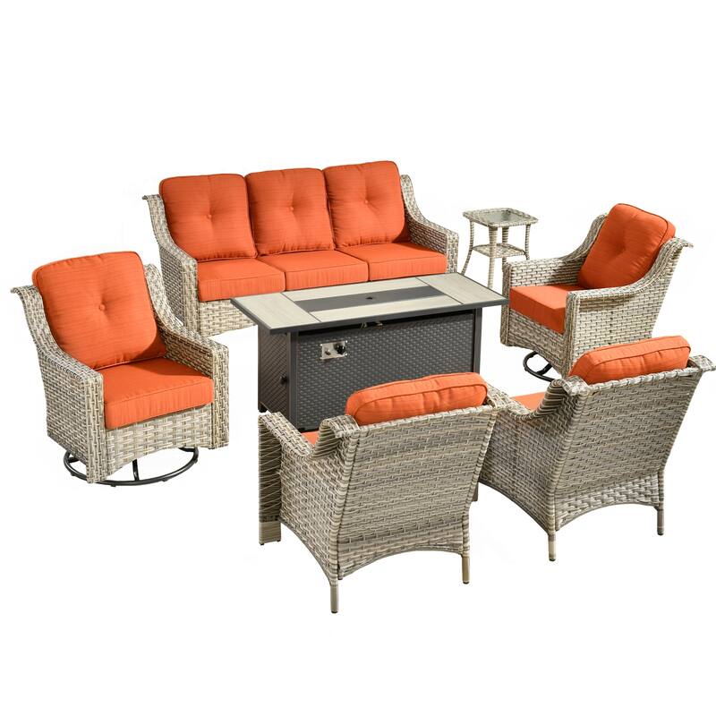 HOOOWOOO 7-piece Wicker Rattan Outdoor High Back Conversation Set with 54" Fire Pit