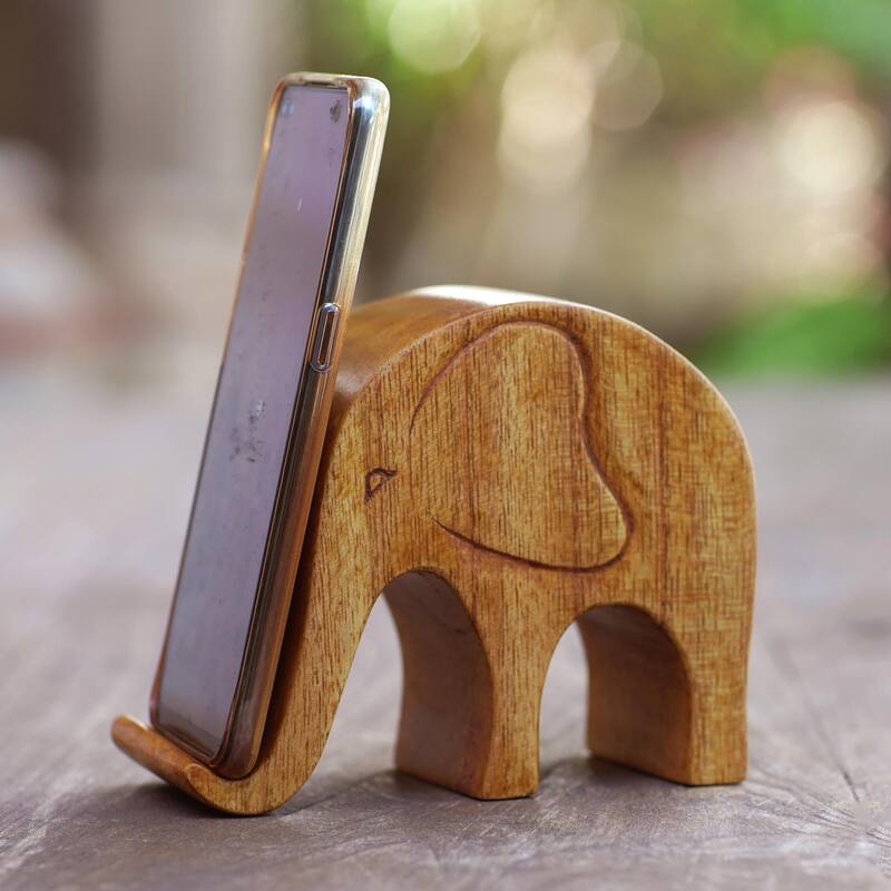 Novica Handmade Dialing Elephant Wood Phone Stand