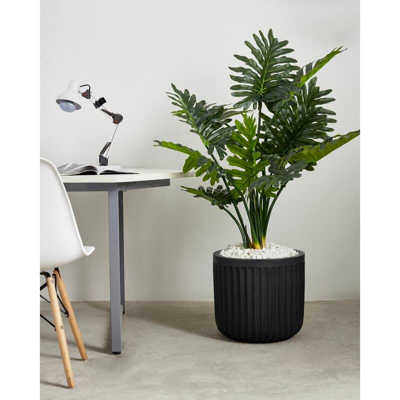 Indoor/Outdoor Large 1-Piece Minimalist Fiberstone Lightweight Short Round Planter Pot With Grooves - 16, 13, 11 in Matte Finish