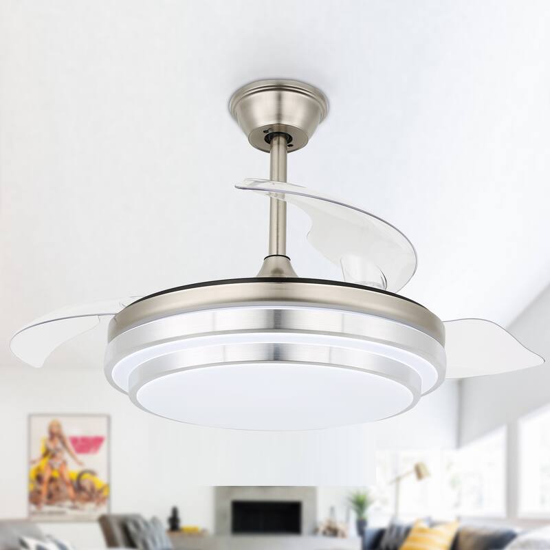 36" Dimmable Retractable Modern Ceiling Fan with Light, 6-Speed Reversible DC Motor Ceiling Fan with Remote - 36 - DC-BrushedNickel