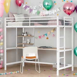 Modern Style Twin Metal Loft Bed with Desk, Shelve, 4-step Ladder and Guardrail, Creative Structure & Good Stability, White
