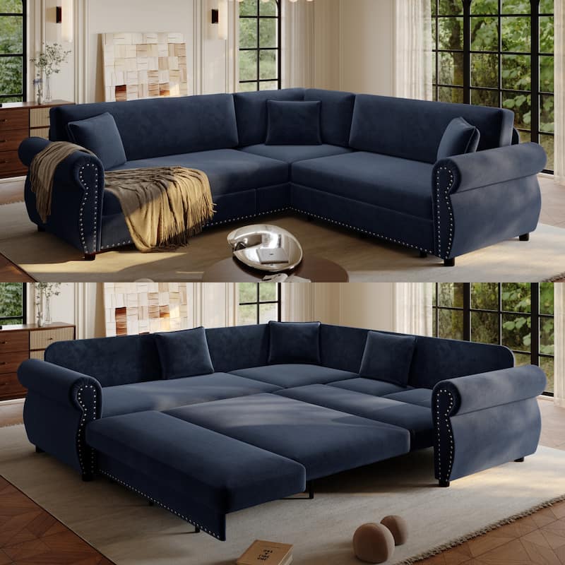 88.2" L-Shaped Sleeper Sectional Sofa with Pull-Out Bed - Chenille Convertible Couch, Nailhead Trim, for Living Room - Blue