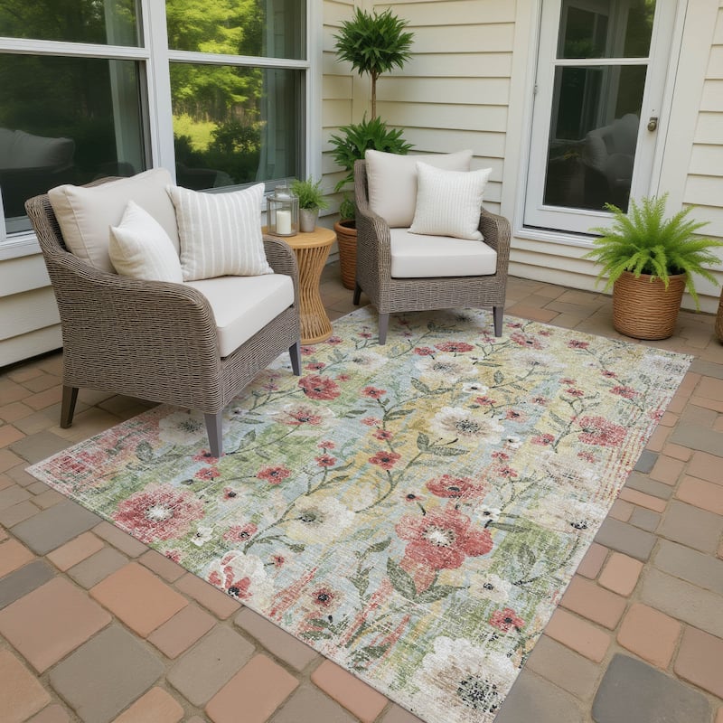 Machine Washable Indoor/ Outdoor Floral Joy Chantille Rug - Tan - 8' x 10'