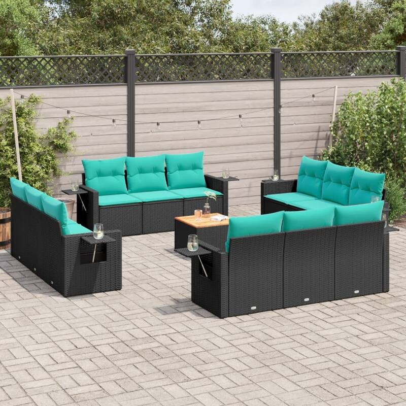vidaXL 13 Piece Patio Sofa Set with Cushions Black Poly Rattan - 21.7x24.4x27.2