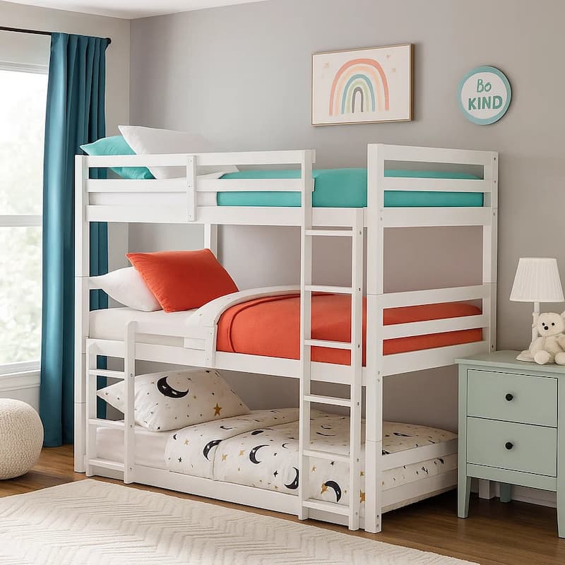 Twin Size 3 Tier Wooden Bunk Bed with Ladder, White