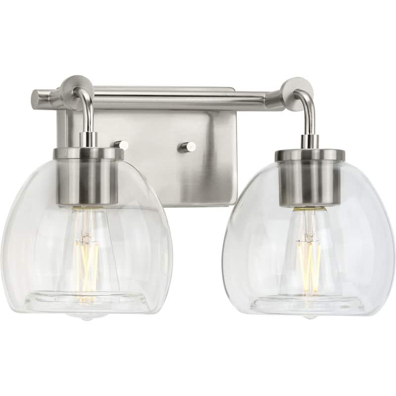 Caisson Collection Two-Light Brushed Nickel Clear Glass Urban Industrial Bath Vanity Light - 14.62 in x 7.5 in x 8.87 in - 14.62 in x 7.5 in x 8.87 in