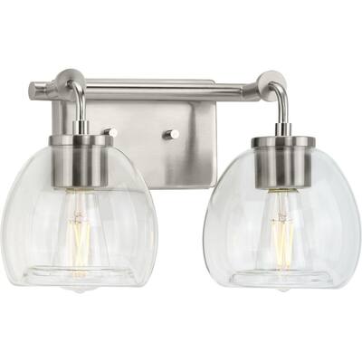 Caisson Collection Two-Light Brushed Nickel Clear Glass Urban Industrial Bath Vanity Light - 14.62 in x 7.5 in x 8.87 in