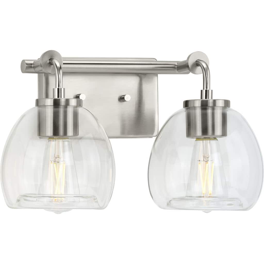 Caisson Collection Two-Light Brushed Nickel Clear Glass Urban Industrial Bath Vanity Light - 14.62 in x 7.5 in x 8.87 in
