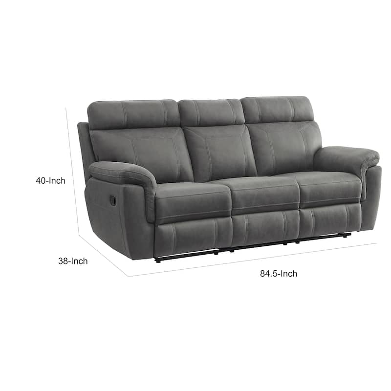 Cliff 84 Inch Manual Reclining Sofa, Gray Microfiber, Solid Wood, Metal
