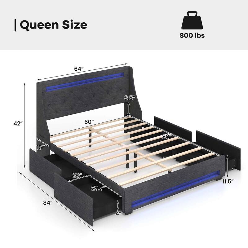 Costway Full/Queen Size Bed Frame with LED Lights & Charging Station