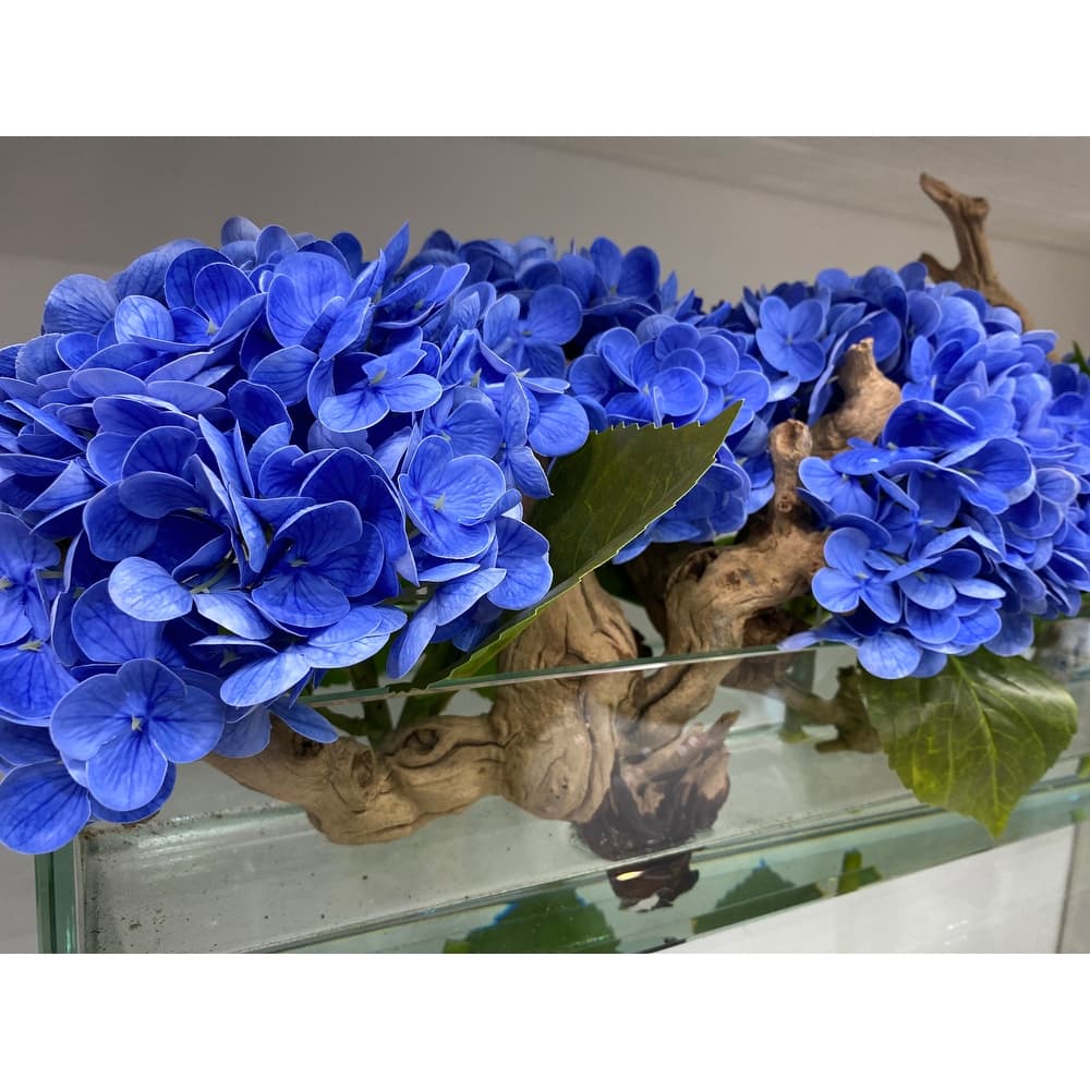 Casa Moderna Glass Plate Planter with Hydrangeas and Driftwood