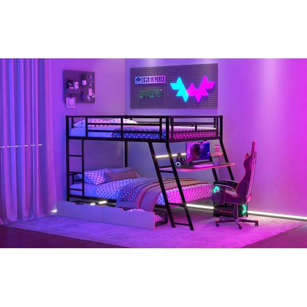 slide 2 of 17, Full Size Metal Bunk Bed Built-in Desk, Light and 2 Drawers Black - Full