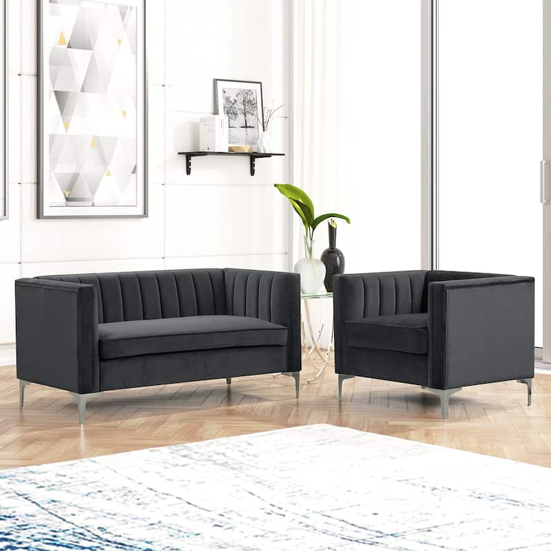 Morden Fort Modern 2 Pieces of Chair and Loveseat Set with Dutch Velvet Grey, Iron Legs