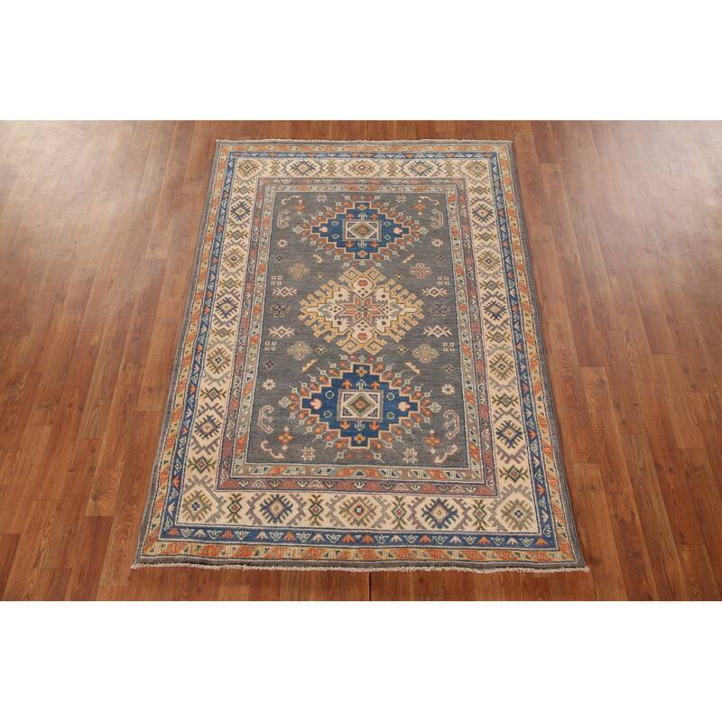 Geometric Kazak Oriental Area Rug Hand-Knotted Wool Carpet - 4'1"x 6'0"