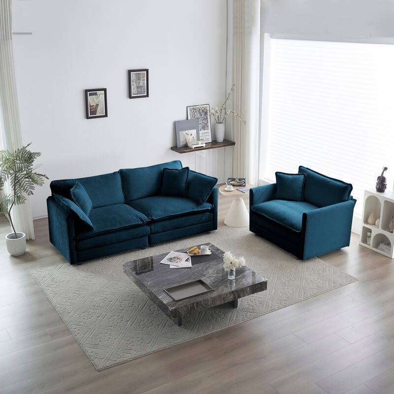 3-Piece Chenille Sofa Set (Loveseat + Chair) with Plush Cushions - Blue