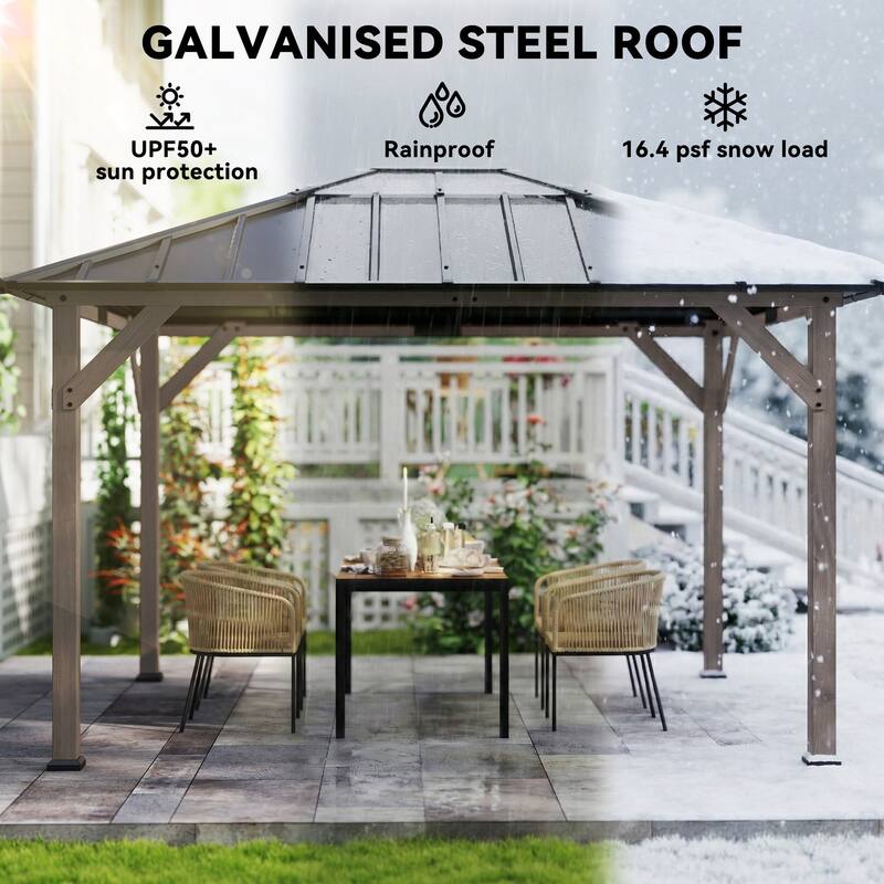 Outsunny 10' x 12' Hardtop Gazebo with Galvanized Steel Roof, Wood Permanent Pavilion Canopy Shelter with Clear Roof Top
