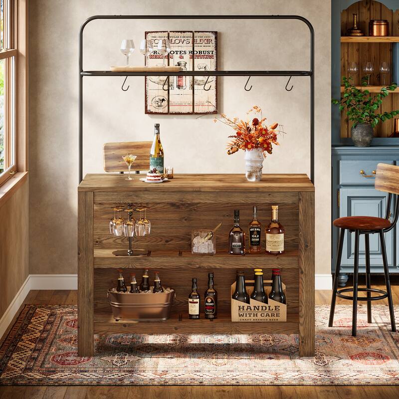 47 Inch Solid Wood Bar Table Home Bar Unit with Storage and 5 Hooks - 23.62" D x 47.24" W x 70.08" H