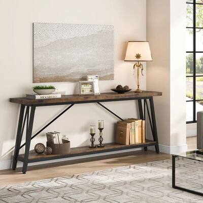 Heavy Duty 70-inch Industrial Brown Wood Top Sofa Table with White Metal Frame