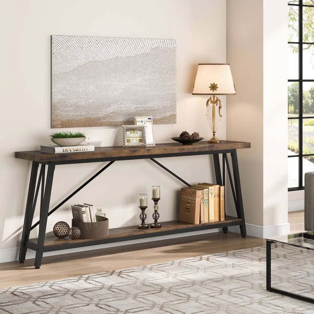 Heavy Duty 70-inch Industrial Brown Wood Top Sofa Table with White Metal Frame