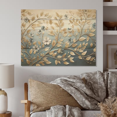 Designart "Minimalism blue and gold botanical melody" Wreath Wood Wall Decor - Beige Wood Panel On Natural Pine Wood