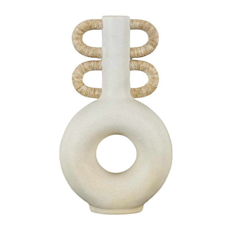 Resin Round Speckled Decorative Vase with Woven Inspired Arched Handles and Cutout Opening - Cream - Roche River Decor