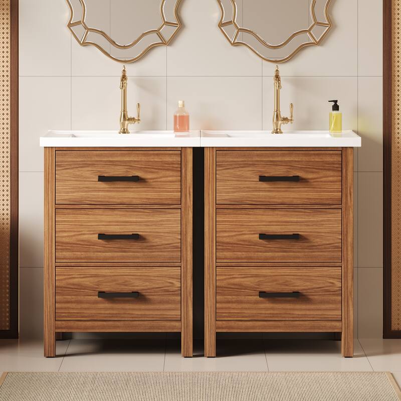 48" Bathroom Vanity with Ceramic Sink - 3 Drawers, Modern Storage Cabinet, Freestanding - Oak