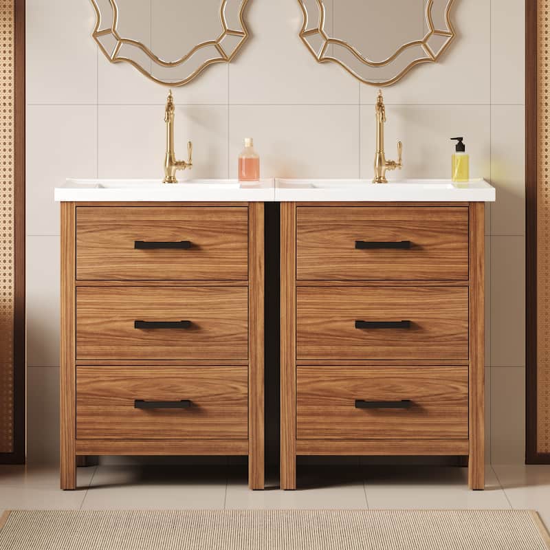 GDFStudio - Carrwood Modern Freestanding Double Bathroom Vanity Set with Single Ceramic Basin and Multi-Drawer Storage, Set of 2
