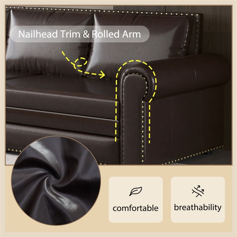 3-in-1 King Pull Out Sofa Bed Chesterfield Sofa, Velvet/Faux Leather Convertible Sleeper Sofa with Nailhead Trim & Rolled Arm