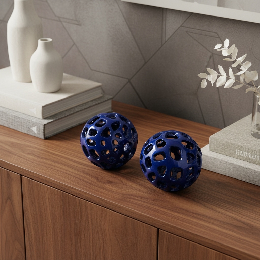 HomeRoots Set of Two Blue Aluminum Hand Painted Decorative Orbs - 4.00 in. x 4.00 in. x 4.00 in.