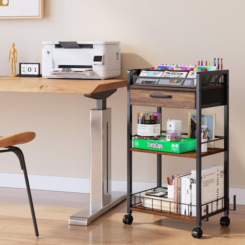 Metal Utility Cart with Storage Drawer and Wheels - 34.7"D x 9.3"W x 16.9"H