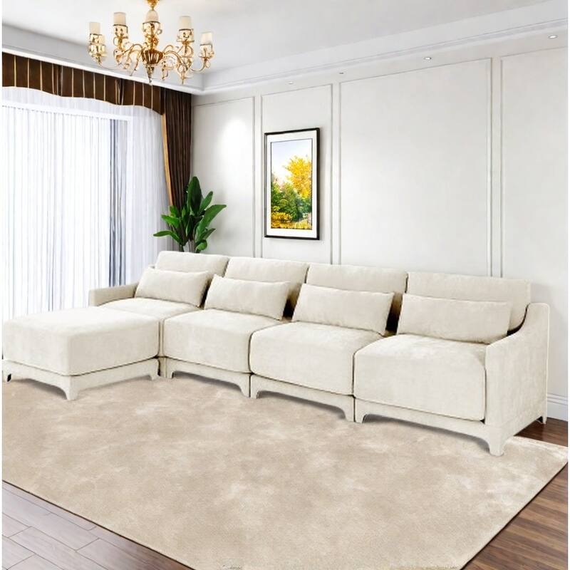 Modern Chenille 4-Seater Sofa with 2 Ottoman, Lumbar Cushions, Ergonomic Backrest, High-Resilience Spongeand Tufted Armrests - 4 Seater with Ottoman White