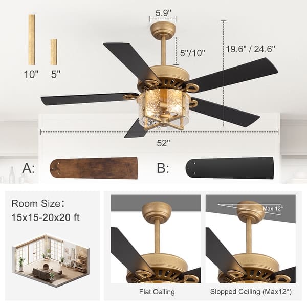 dimension image slide 5 of 6, 52" Reversible 5-Blade Caged Ceiling Fan with Light and Remote