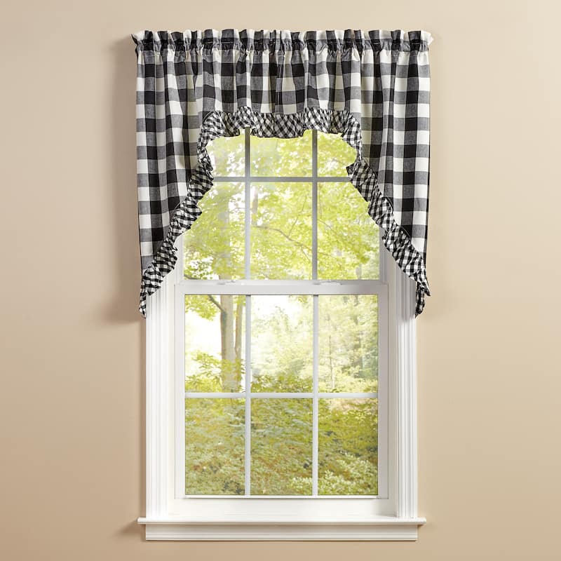 Park Designs Buffalo Check Ruffled Black Swags 72" x 36" - 72" X 36"