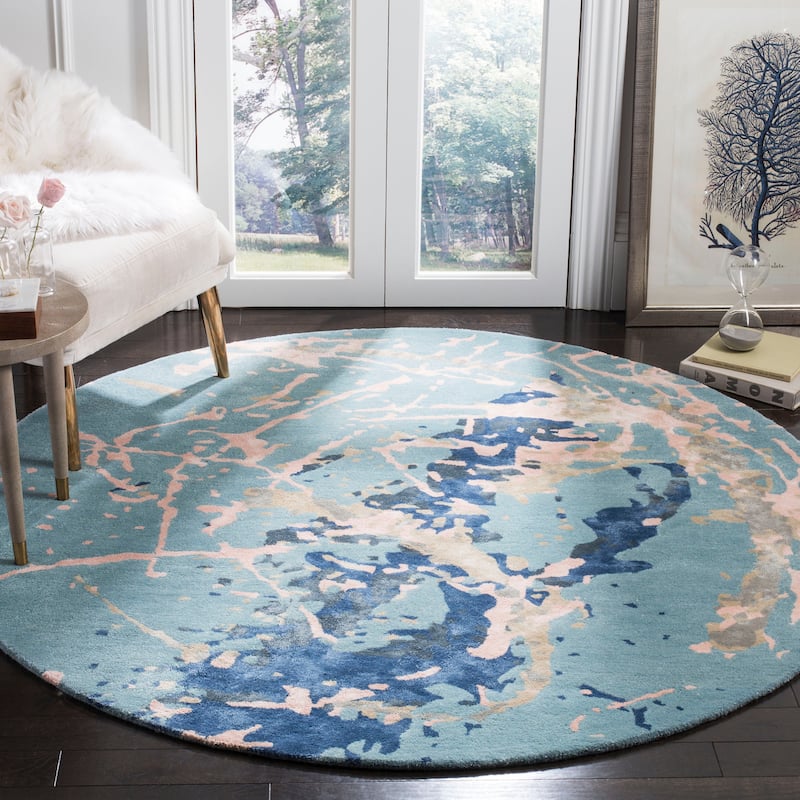 SAFAVIEH Handmade Soho Shaunna N.Z. Wool/ Viscose Rug - 6' Round - Blue/Light Pink