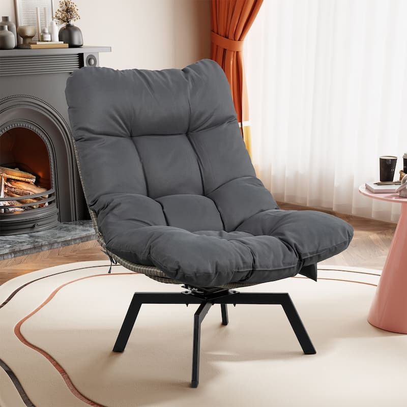 Outdoor Wicker Swivel Chair,Nature Rattan Patio Rotating Chair with Cushion - Grey/Grey