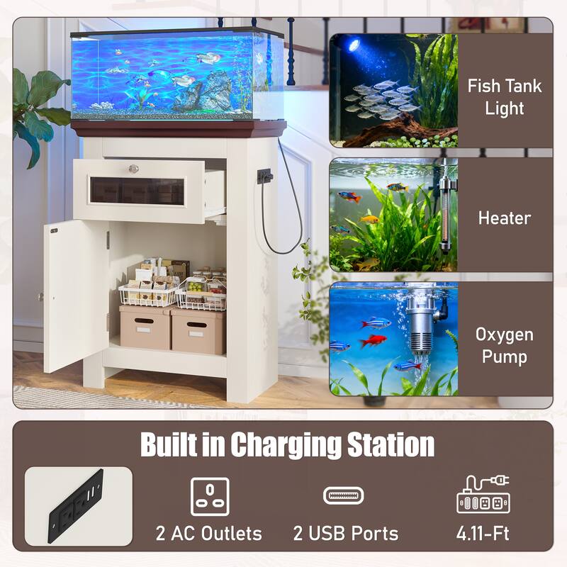 Anmytek Farmhouse 10-20 Gallon Aquarium Tank Stand with Power Outlets, Adjustable Shelves and Storage Cabinet