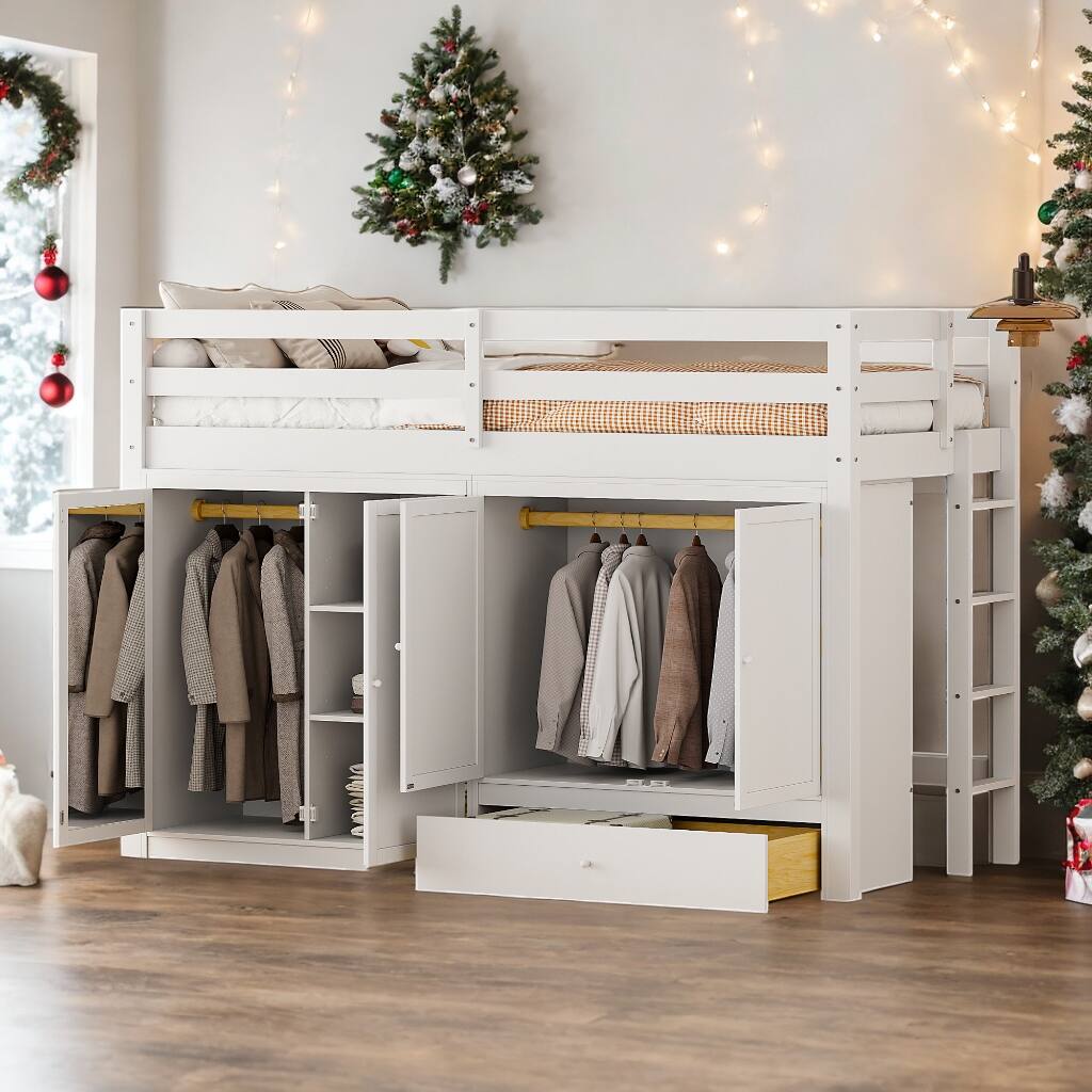 Twin size Loft Bed with Drawer, Two Wardrobes and Mirror