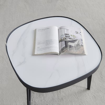 Coffee Table Metal Frame End Table with Sintered Stone Tabletop, Black