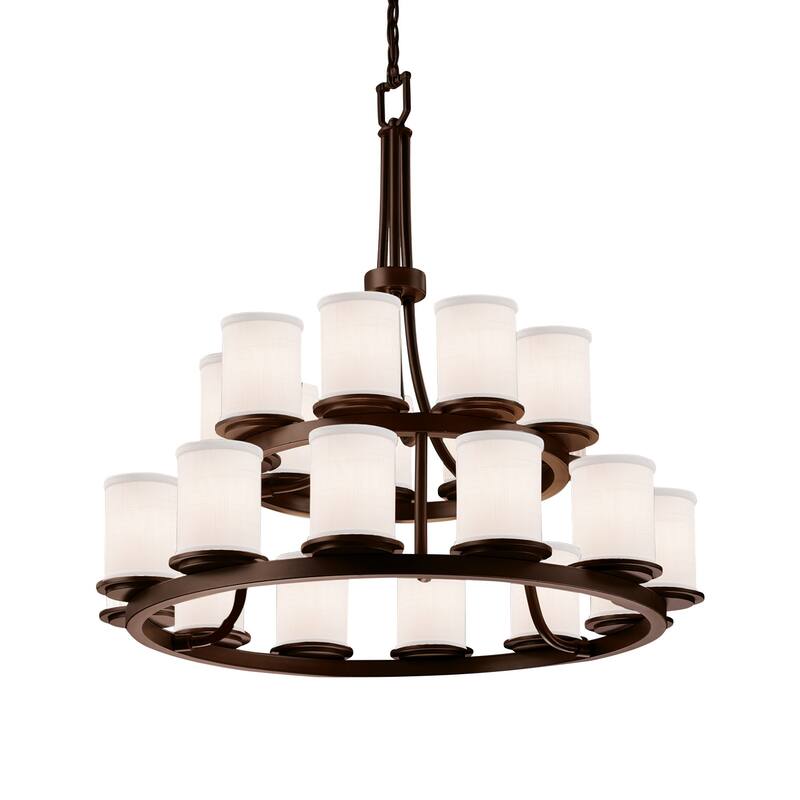 Justice Design Textile Dakota 21-light Dark Bronze Chandelier, White Cylinder - Flat Rim Shade - Dark Bronze