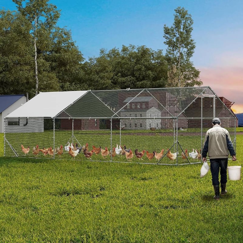 Large Metal Chicken Coop, Walk in Poultry Cage for 20/ 30 Chickens - 118" W x 236" D x 79" H